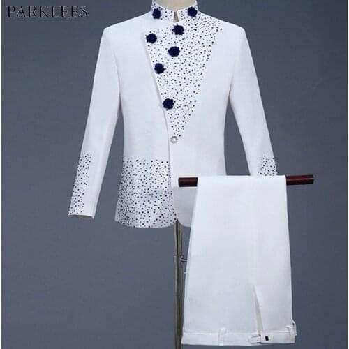 Mens White Suit Diamond Floral Men Suit for Wedding Groom Tuxedo Suit Mens Suits with Pants Party Slim Fit Suit Men Suits Sets