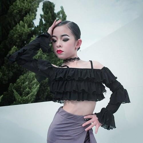 New Falbala Latina Dance Clothes For Kids Black Crop Top Kids Latin Ballroom Costume Tango Sumba Dance Top Tap Dance Wear JL1359