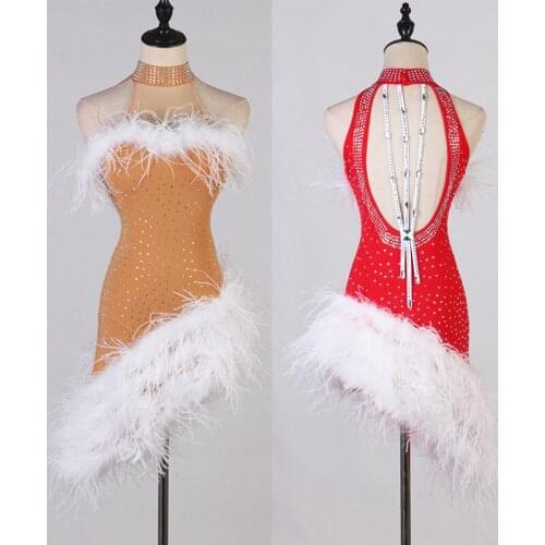New Latin Dance Competition Dress For Women Adult Rhinestone Feather Ballroom Dance Clothes Rumba Samba Tango Dancewear DQL5239