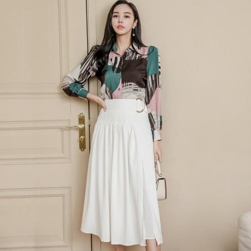 New runway skirt suits womens Elegant vintage Retro printed blouse shirts tops + sexy skirt suits set