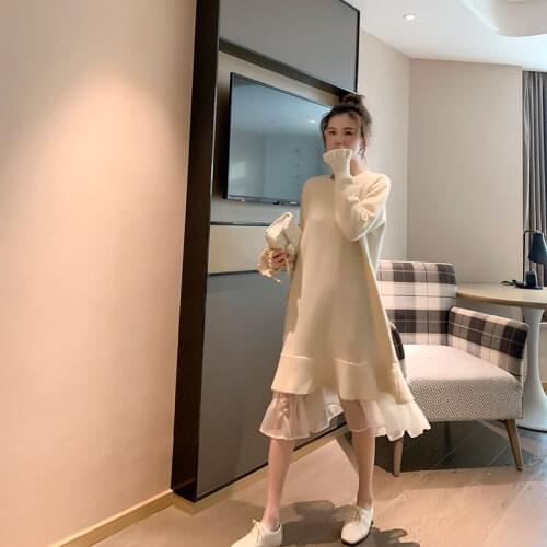 Autumn Winter Knit Sweater Patchwork Dress Women 2020 Mesh Maxi Sweet Fairy Full Sleeve O Neck Thick Bottoming Dress Vestidos
