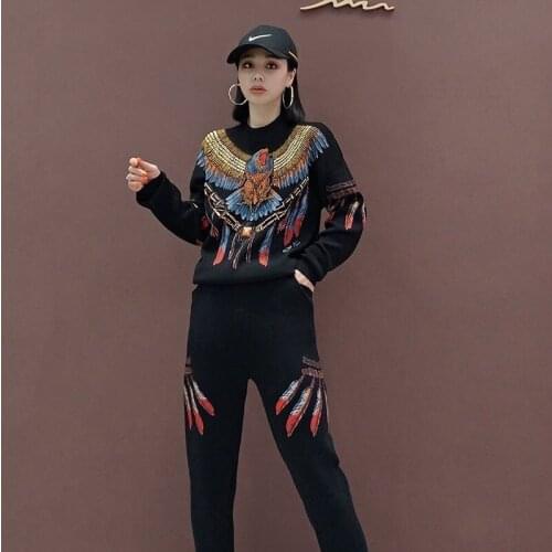 Autumn Heavy work Beaded Eagle Pattern Printing Knitted Sportswear Suit Women Knitwear Pullover Tops Trousers Sets Casual Female