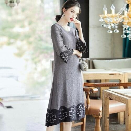 Early Spring Printed Dress New Loose Large Size Long Chinese Style Retro A- Line Dress Miyake Pleats Dresses