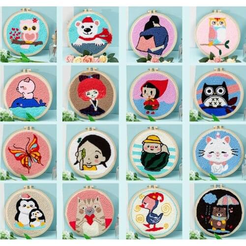Diy Simple Embroidery Animal Yarn Punch Needle Embroidery Kit Needlework Wool Making Home Decor Custom Embroidery