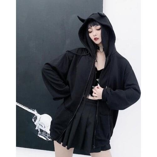 Ruibbit New Autumn Women Harajuku Punk Gothic Girls Black Devil Horn Hoodies Sweatshirt Hooded Japanese Hip Pop Plus Size