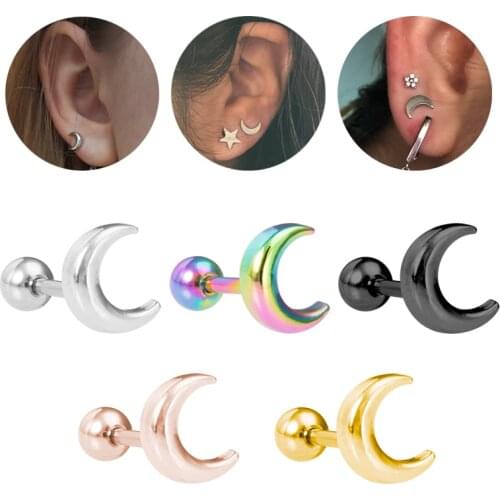 1PC Moon Stud Earring for Women Cartilage Tragus Stainless Steel Conch Helix Ear Piercing Daith Earrings Body Jewelry 16G
