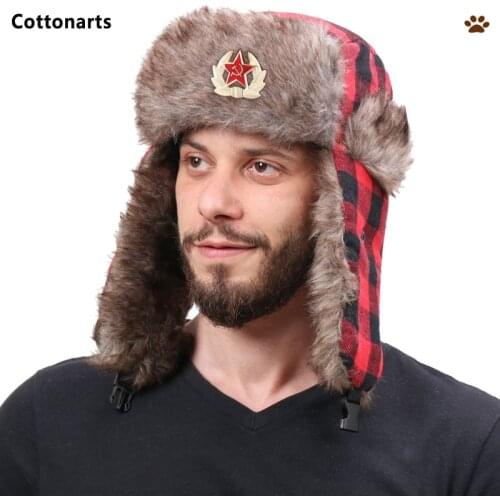 Soviet Army Military Badge Ushanka Bomber Hat Lattice Print Russia Hats Faux Fur Earflap Winter Hat Warm Trapper Hats Gorro Ruso