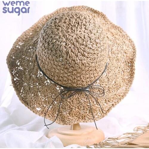 WeMe Bowknot Straw Sun Hat Hollow Folding Fisherman Hat Summer Women Beach Caps Hand Make Foldable Hats for Girls