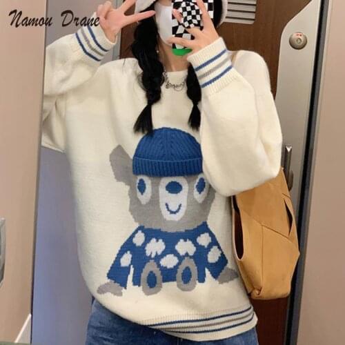 Namou Drane Blue Bear Sweater Womens Autumn and Winter 2021 New Loose Korean Version of Soft Waxy Lazy Knit Sweater Top Trend