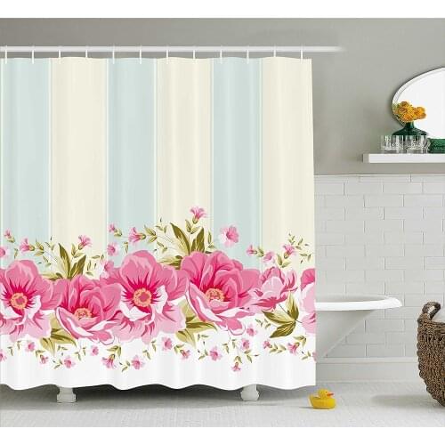 Vintage Shower Curtain Pink Peony Border on Vertical Striped Tile Bridal Wedding Design Bathroom Waterproof Curtains