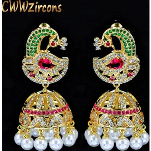 CWWZircons Vintage Bohemia Wedding Party Jewelry Yellow Gold Color Big Statement Ethnic Earrings with Imitation Pearls CZ279