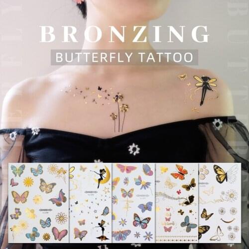 Gold Flash 3D Butterfly Body Art Water Transfer Waterproof Temporary Tattoo Sticker For Women Girls Flower Arm Fake Tattoos