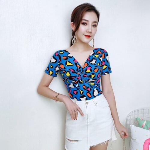2019 New Spring Summer Woman Sexy Leopard Print Deep V Neck Short Sleeve T Shirt Night Club Slim Fit Tops Plus Size Female Tops