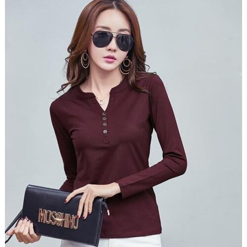 Women Long Sleeve Tshirts 2018 Button V-Neck Tops Woman Solid Cotton T Shirt Womens Tee Shirt Femme Plus Size Camisetas Mujer
