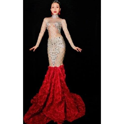Red Flower Long Train Women Evening Costume Silver Crystals Dress Prom Celebrate Big Tail Dresses Women Party Wear Dress