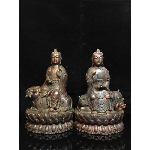 11" Tibet Buddhism Temple Old Bronze Cinnabars Manjusri Samantabhadra Guanyin Bodhisattva Avalokitesvara Amitabha statue