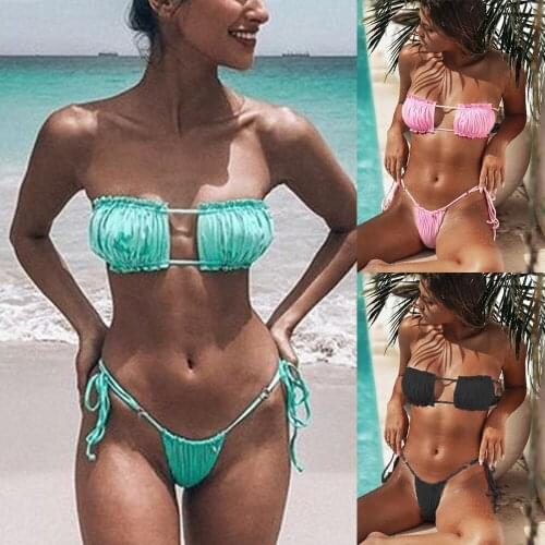 2021 Sexy Solid Color WomenS Sexy Off-Shoulder Two-Piece Beach Swimsuit Strapless Swimsuit Bathing Monokini Padded Bikini