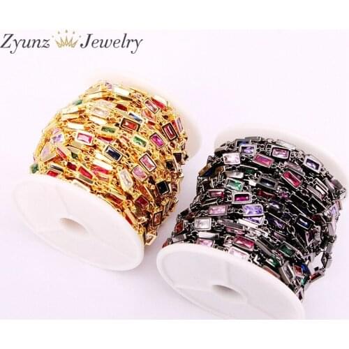 3 Meters, Rectangle Colorful CZ Link Chain, Rainbow Cubic Zircon Faceted Bead With Chain, Wire Wrapped Rosary Style Chain
