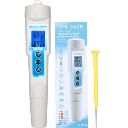 5-in-1 pH Meter TDS/EC/pH/Salinity/Temperature Meter Water Quality Tester Blue Backlight LCD Display with ATC Function