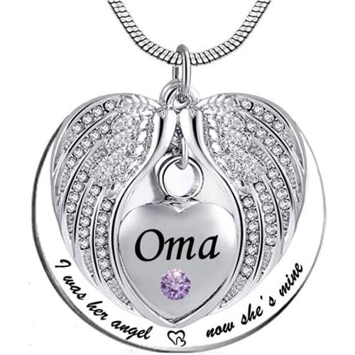 Angel Wing Memorial Keepsake Ashes Urn Pendant Birthstone crystal Necklace,I Was His/Her Angel Now Hes/Shes Mine -for oma