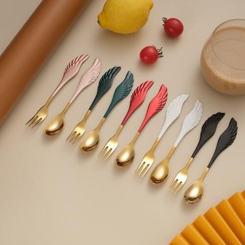 BalleenShiny Creative Stainless Steel Cute Wings Food Grade Fork Spoon Set Home Ice Cream Dessert Coffee Spoon Fruit Snack Fork