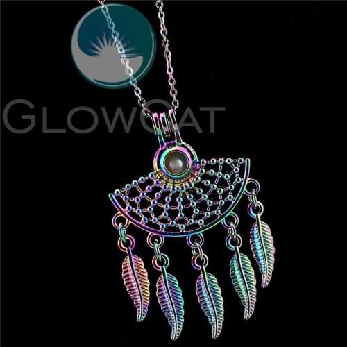 Boho Rainbow Filigree Tassel Handmade Pendant Perfume Diffuser Beads Pearl Cage Locket Necklace R-C1011