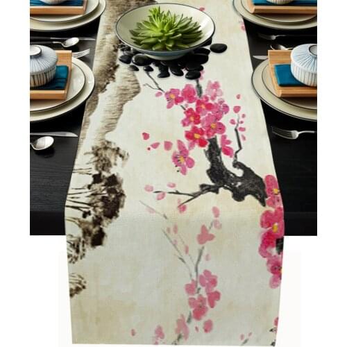 Ink Painting Flowers Table Runner Wedding Table Decor Party Dining Table Runner Home Hotel Decoration Tablecloth Placemat