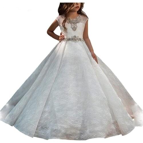 Ivory White Puffy Tulle Lace Crystals Flower Girl Dress for Wedding Kids Party Birthday First Communion Gown Custom Made