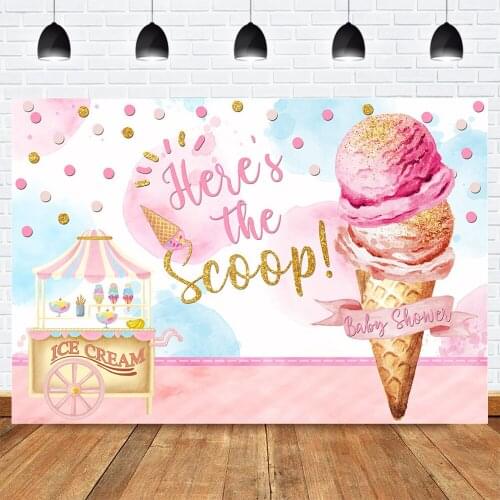 Ice Cream Baby Shower Background for Photo Studio Dessert Shoppe Newborn Birthday Photography Backdrop Pink Heres the Scoop