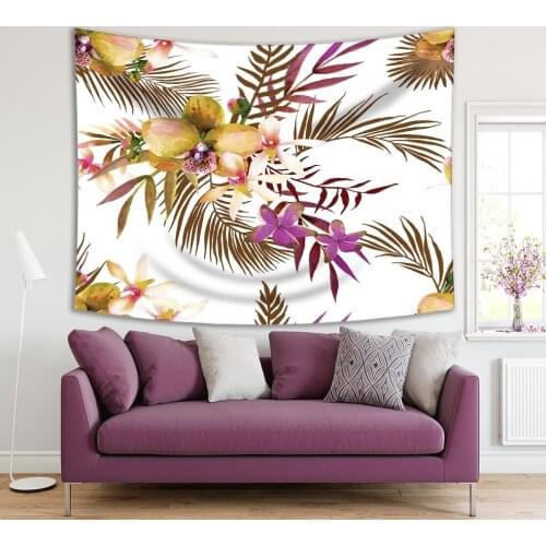 Tapestry Tropical Flowers and Palm Leaves Exotic Jungle Beach Summer Holidays Art Printed Brown Green Purple