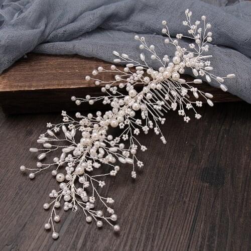 Silver Color Pearl Hair Comb Headdress Pearl Flower Hair Comb Tiara Headdress For Women Bride Wedding Bridal Hair Accessories