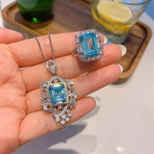 QTT Luxury 925 Sterling Silver Jewelry Set Bridal Jewelry Sets Rectangle Cubic Zircon Necklace10*12 Ring10*14 Sets