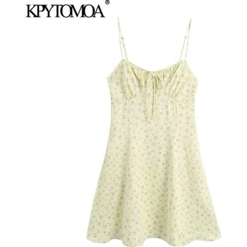 KPYTOMOA Women 2021 Chic Fashion With Ties Floral Print Mini Dress Vintage Backless Elastic Thin Straps Female Dresses Mujer