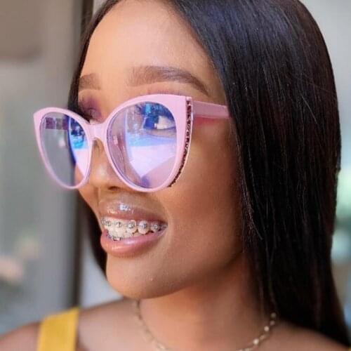 Cute Sexy Nude Pink Cat Eye Glasses Frame Ladies Anti Blue Ray Computer Glasses Rhinestone Eyeglass Frames For Women Oversized