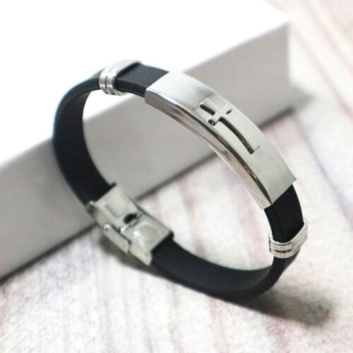 JOINBEAUTY Fashion Punk Couple Bracelet Unisex Stainless Steel Bangle Cross Black Rubber Lovers Jewelry Religion Bracelets HY014
