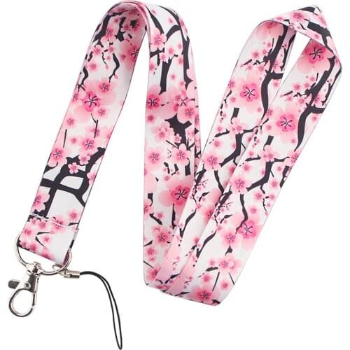 Cartoon Peach Blossom Branch Lanyards Keychain Camera Mobile Phone Neck Straps Fashion Flowers Soft Webbing Hanging Rope 45cm