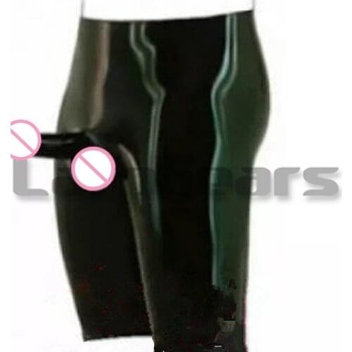 Man Black Latex Long Leg Boxer Shorts With Anatomical Penis Sheath Rubber Underwear Pants Penis Condom Plus Size