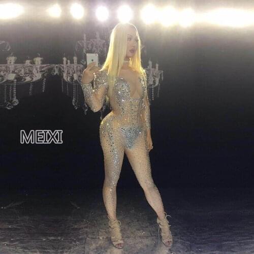 Sexy deep V silver diamond sparkles rhinestone bouncy costumes bar nightclub concert singer dancer costumes