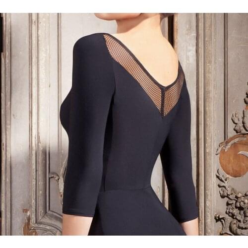 2018 Hot performance sexy Latin Lady dance Tops black red blue V- neck mesh clothes Rumba Samba dresses