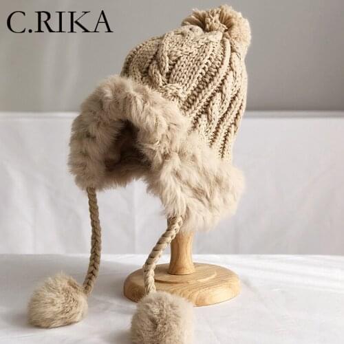 Rabbit Fur Woolen Hat Women Winter Ear Protection Beanie Korean Version Fashion Cute Plus Velvet Warm Knitted Skullie Beanies
