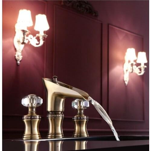 3 Holes 8" Widespread Basin Lav sink Faucet Waterfall Mixer Tap crystal handles Antique brass deck mounted crystal handles