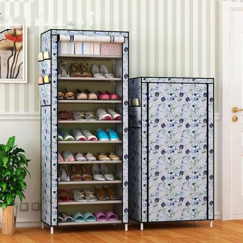 Dustproof Oxford Cloth Shoe Rack Shelf Storage Cabinet Portable Warehouse 10 Layer 9 Grid Non-woven Fabric Coffee Blue Flowers