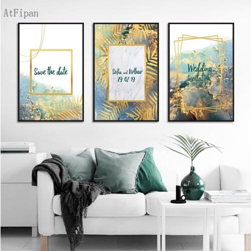 Abstract Unique Colorful Green Marble Poster Golden Leaves Canvas Paintings Wall Art Pictures for Living Room Modern Home Decor