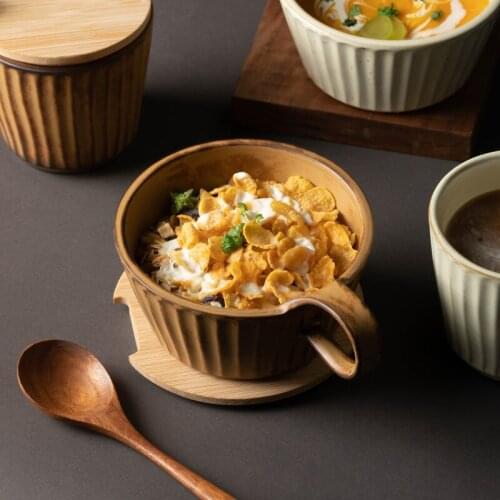 Vintage bowl with wooden lid and spoon Serving bowls for Fruit Cereal Ceramic Coffee Cup and wooden lid and Spoon