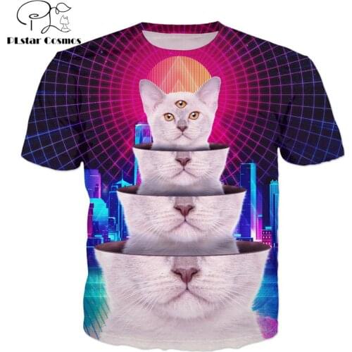 PLstar Cosmos Vintage Retro Punk Style T-shirt Surreal Three-Eyed Kitten Funny 3d Print Unisex T-shirt summer Harajuku tee tops