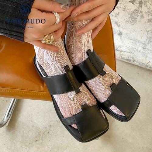 VAIR MUDO Women Sandals Shoes Genuine Leather Casual Low Heels Buckle Strap Fashion Elegant Black Red Cross-tied Female LX119L