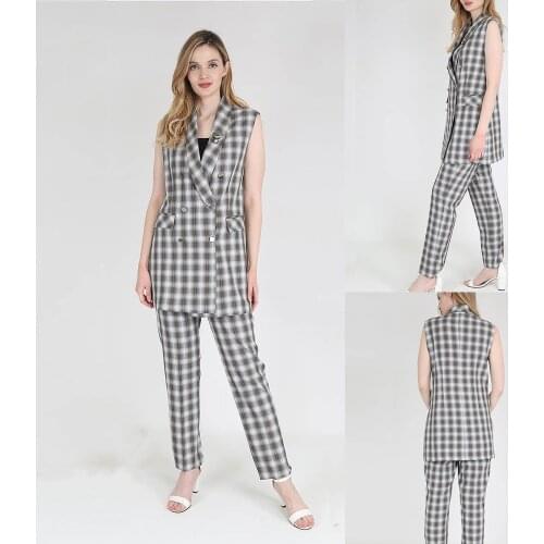 Vintage Plaid Women Suits Custom Made Shawl Lapel Double Breasted Sleeveless Blazer Summer Casual Daily Fashion Pant Jacket