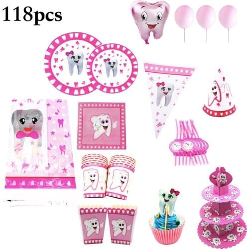 118pcs Teeth Cake Stand Party Hats Straws Napkins Plates Cups Girl‘s Teeth Birthday Party Decorations Baby Shower Party Supplies