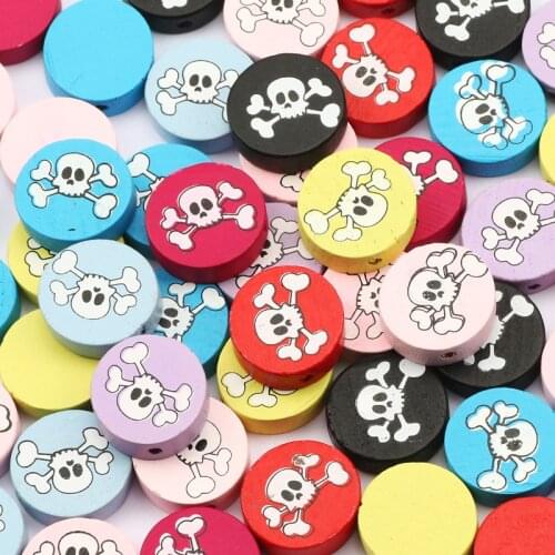 20mm 25/50pcs Colorful Flat Round Skull Pattern Natural Wooden Beads Loose Spacer Beads For Jewelry Making Diy Handmade Supplies
