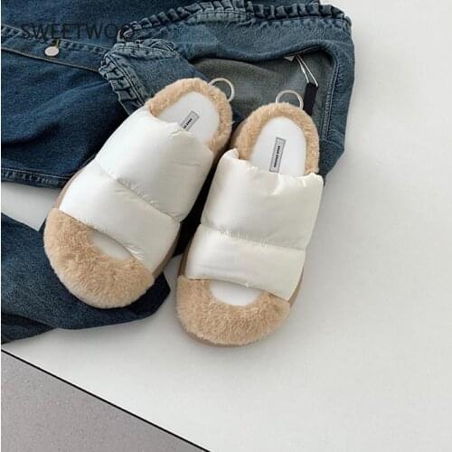 2021 New Winter Designer Casual Warm Short Plush Slippers Shallow Wedges Outdoor Cotton Women Shoes Platform Flats Flip Flops